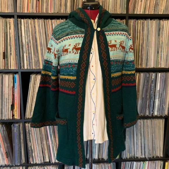 elf cloak vintage sweater 70s reindeer S hooded 💚 - Picture 7 of 8